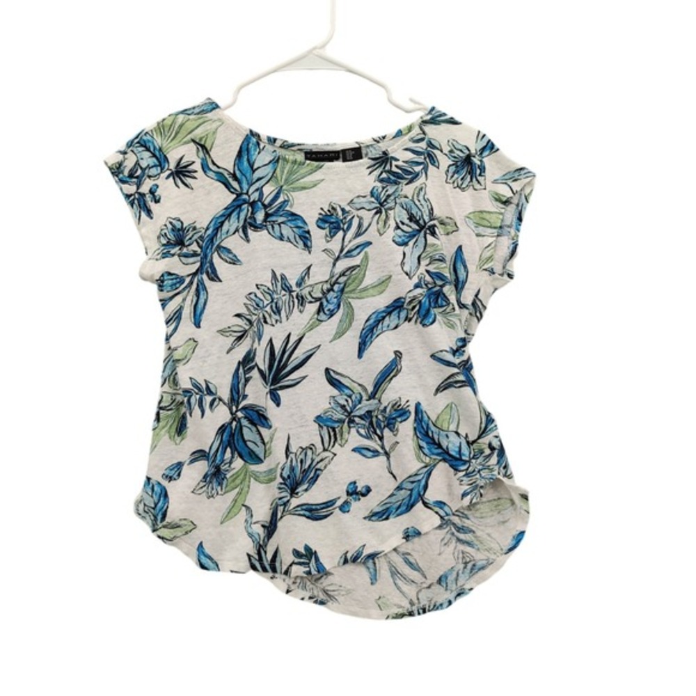 Tahari Women Coastal Tropical Airy Boho 100% Linen Top M Blue Floral Cap Sleeve